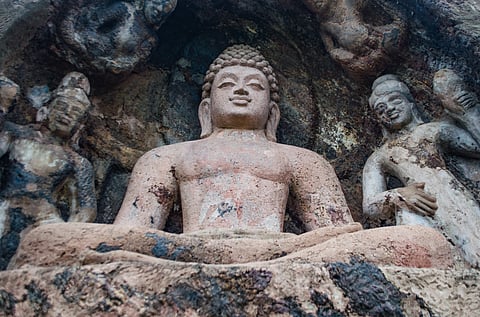 Bojjana Konda features a life-size Buddha statue at its entrance