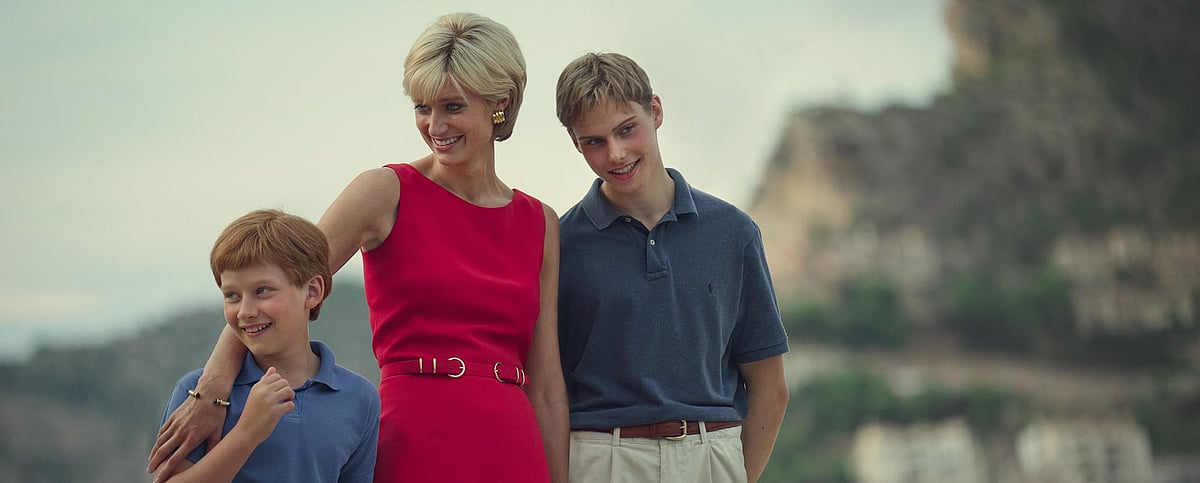 IMDb : A still from Crowns season six, featuring the characters Harry, William and Diana