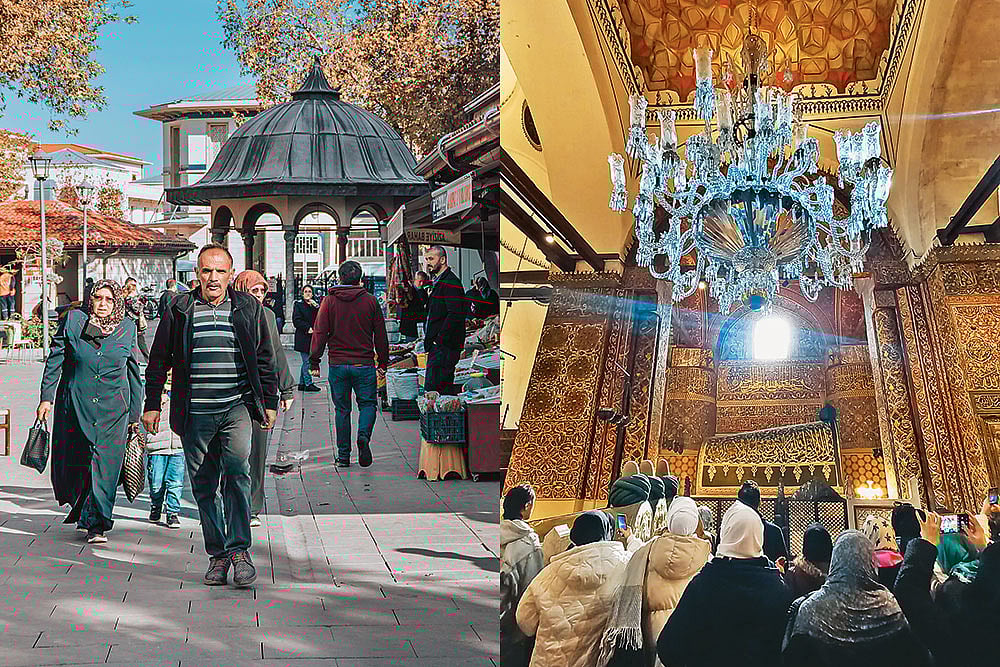 (L-R) A Konya street scene; pilgrims at the Mevlana Museum