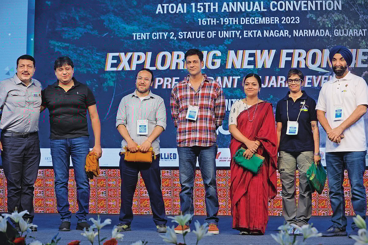 ATOAI members, (left to right) Mr Ajeet Bajaj and Mr Tejbir Anand, with Mr Ashish Gupta, CEO, FAITH, Mr Muzammil Hussain, Co-founder, Roots Ladakh, Mr Mohit Gulia, Partner, Banjara Experiences, Ms Soity Banerjee, Project Editor, Outlook Responsible Tourism Initiative, and Ms Anusha Subramanian, Founding Partner, Bohemian Adventures LLP