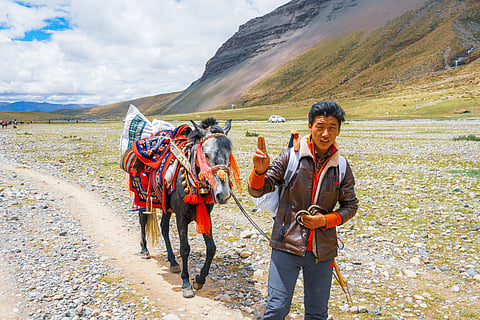 A local from Mansarovar with his horse decorated with ornaments and traditional coverings