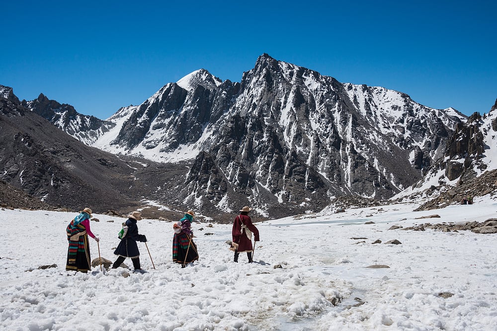Buddhist pilgrims walking the kora around Mt Kailash