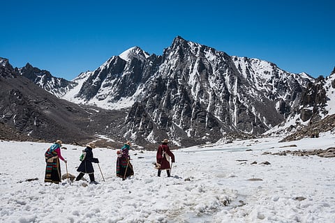 Buddhist pilgrims walking the kora around Mt Kailash
