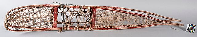 Traditionally crafted Athabascan hunting-style snowshoe using local birch for the frames