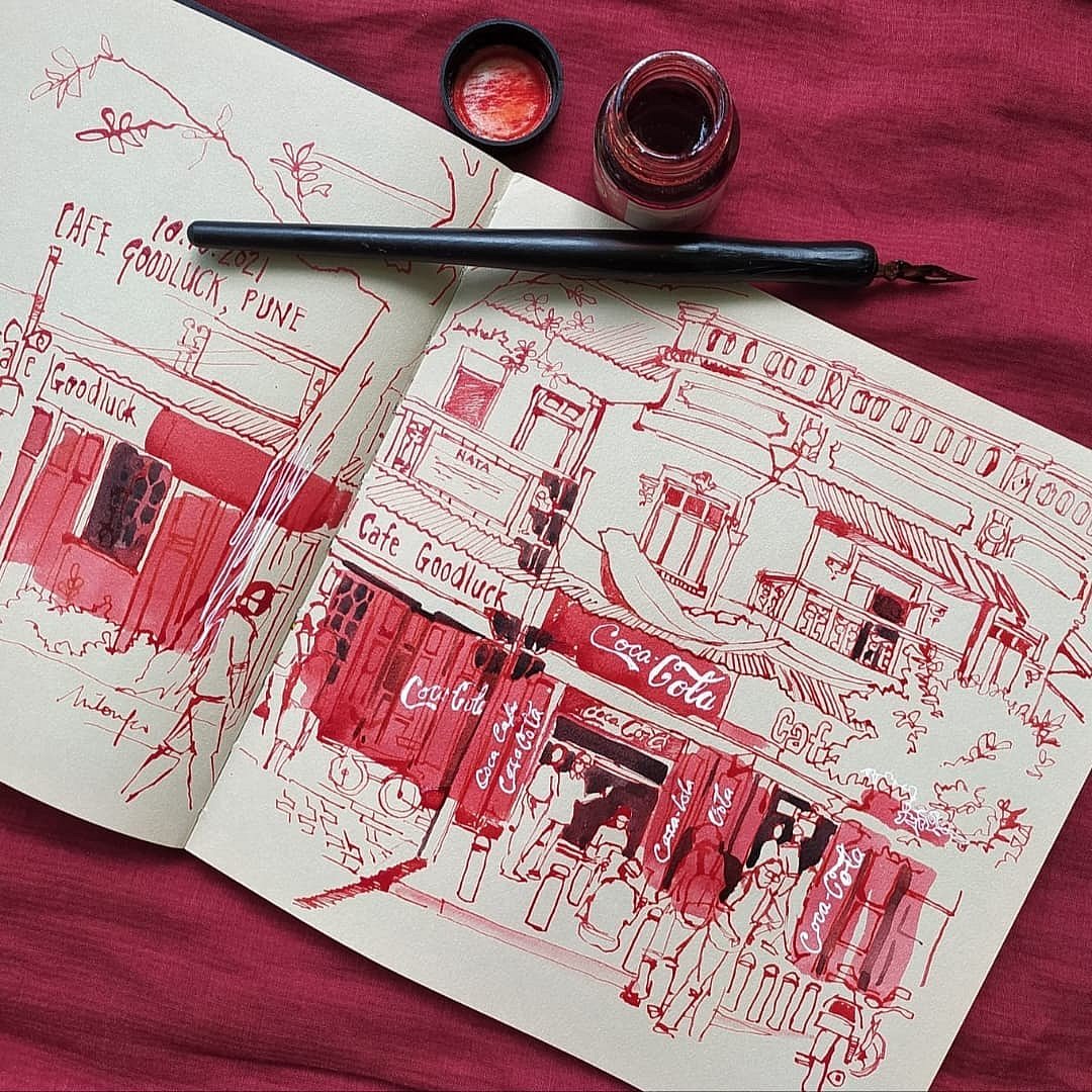 An ink sketch of Cafe Goodluck 