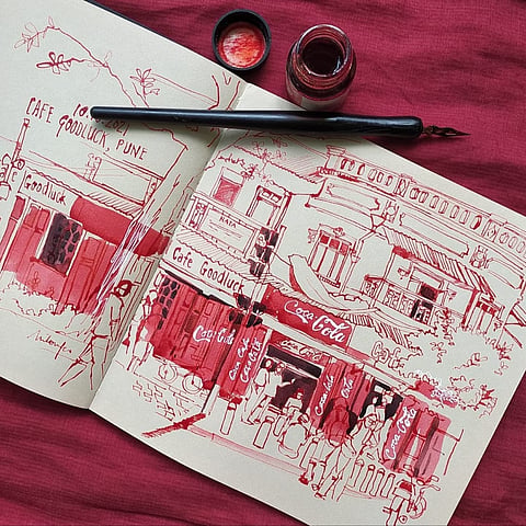 An ink sketch of Cafe Goodluck 