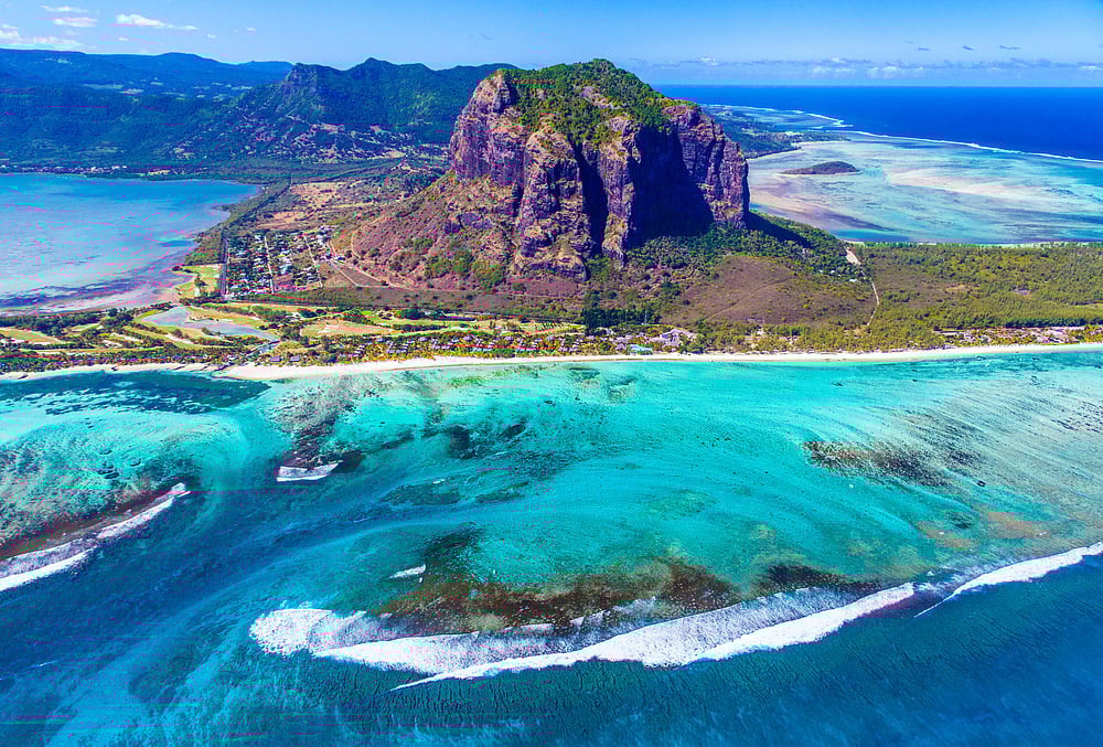 Aerial view of Le Morne Brabant in Mauritius, a UNESCO World Heritage Site