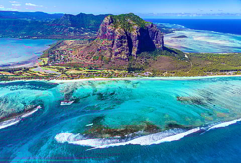 Aerial view of Le Morne Brabant in Mauritius, a UNESCO World Heritage Site
