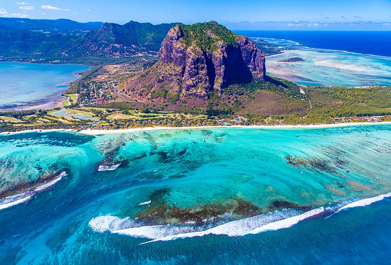 Aerial view of Le Morne Brabant in Mauritius, a UNESCO World Heritage Site