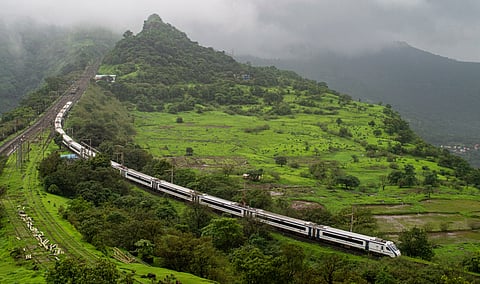 Solapur to Mumbai Vande Bharat Express traversing through Monkey Hill area of Bhor Ghat