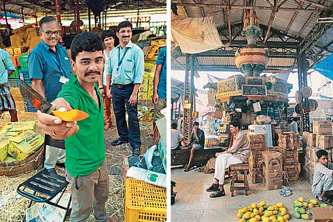 Left and right: Visuals from Crawford Market, Mumbai, a hub of mango trading