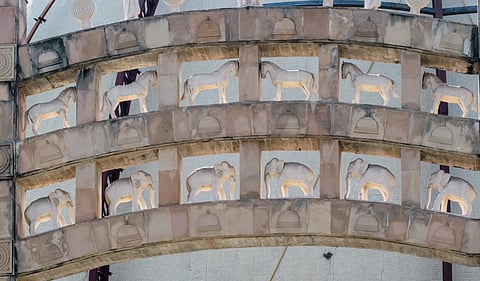 Deer and elephant motifs carved on the pillars of the Buddhist pilgrimage site of Deekshabhoomi where Ambedkar converted to Buddhism