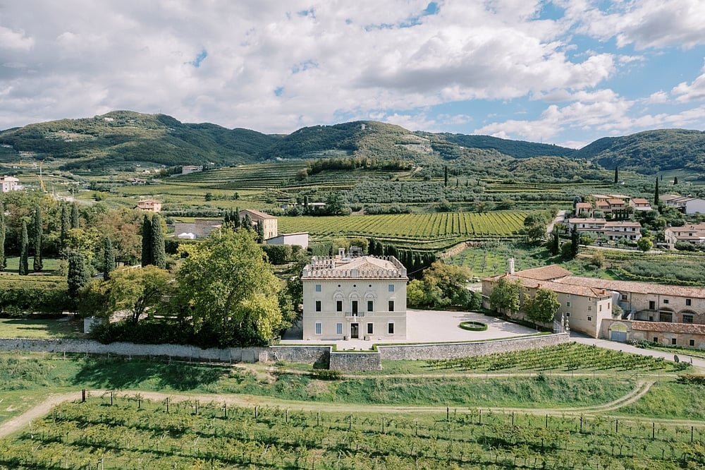 Green vineyards in front of Villa Rizzardi in Valpolicella, Italy