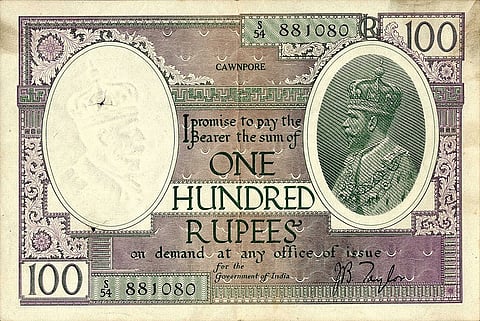 A hundred rupee note issued during British rule
