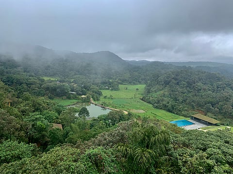 Panorama view of the foggy and cloudy hills of Madikeri Coorg