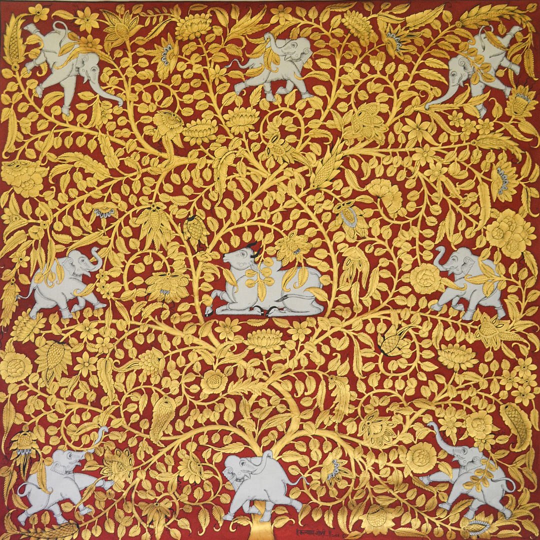 A 4x4 painting, inspired featuring real gold and essential pigment colors. Centered around elephants and Nandi cows, it creatively intertwines floral patterns and animal motifs from the constitution
