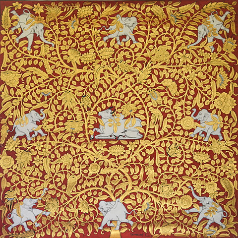 A 4x4 painting, inspired featuring real gold and essential pigment colors. Centered around elephants and Nandi cows, it creatively intertwines floral patterns and animal motifs from the constitution