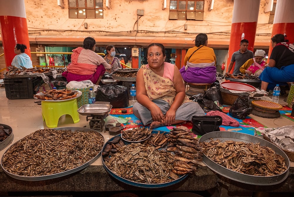 A woman selling dry fish at Ima Keithel market in Imphal