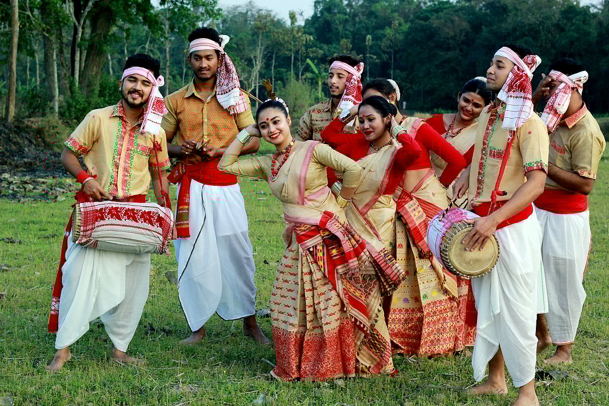 Bihu dancers posing for a photo