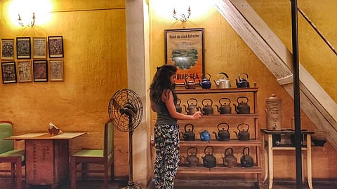 A display of antique teapots at the Teapot Café