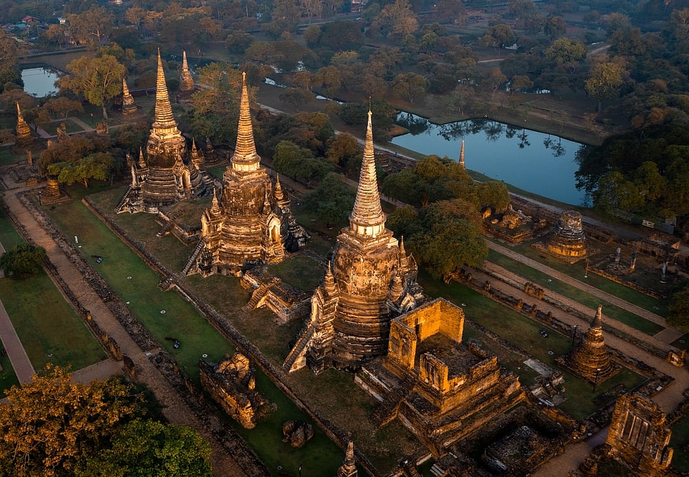 Aerial view of Wat Phra Si Sanphet at sunrise