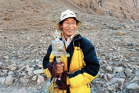 Pilgrim on a kora (parikrama) around Mount Kailash