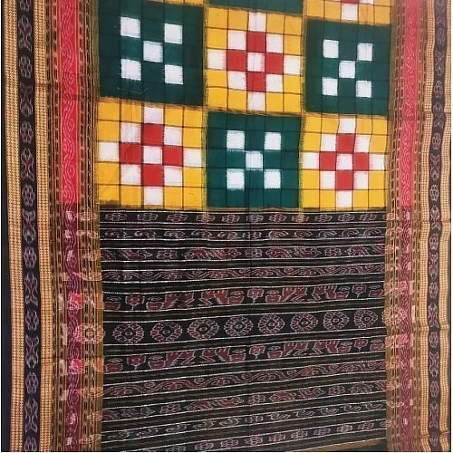 The Sambalpuri weave is a type of Ikat, where the yarn is tie-dyed before the weaver begins work