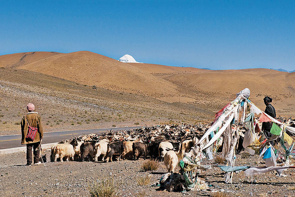 First sight of Mount Kailash on the way to Lake Manasarovar