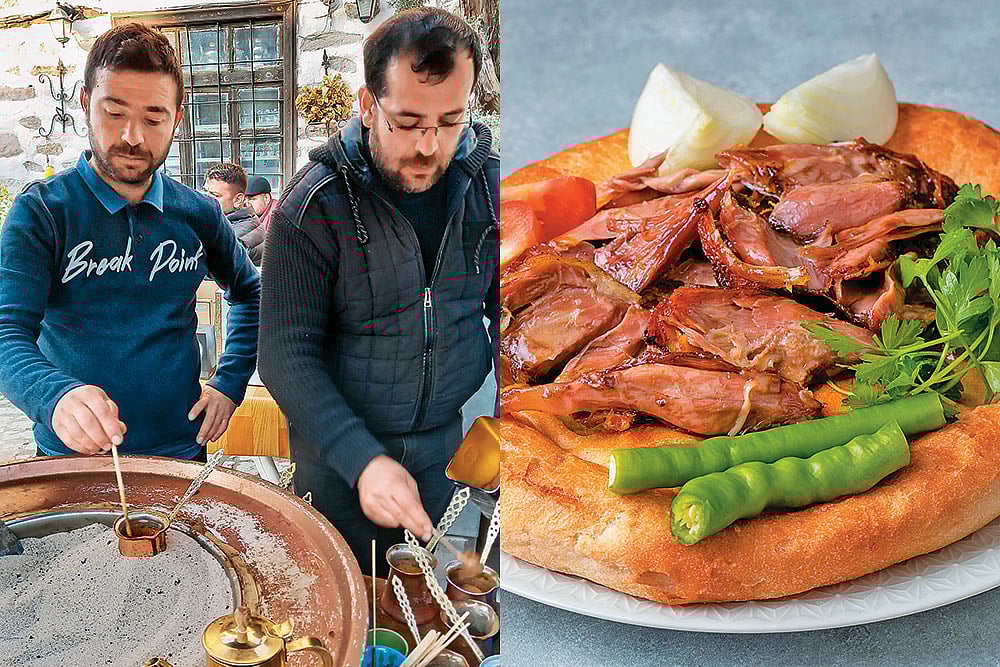 (L-R) Turkish coffee at Sille;  flatbread topped with meat