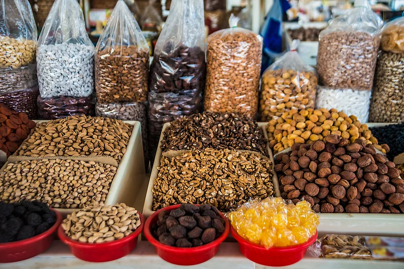 Variety of dried fruits and nuts for sale