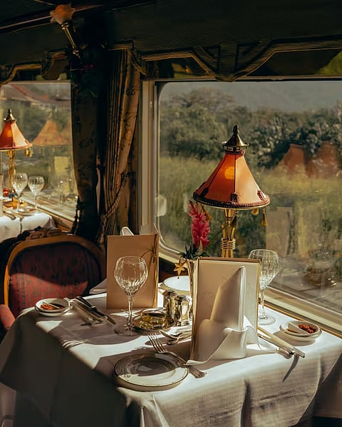 The opulent dining car on the Orient Express