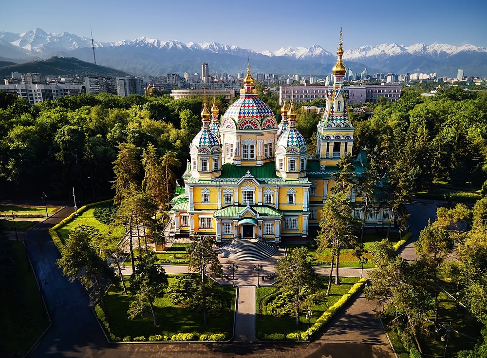 The Ascension Cathedral Russian Orthodox church in Panfilov Park,  Almaty city, Kazakhstan