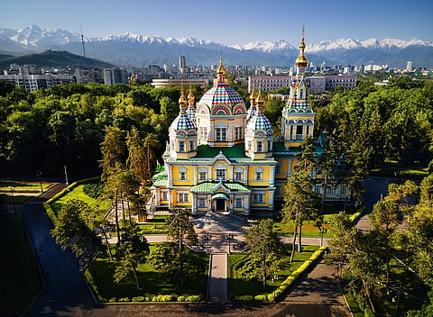 The Ascension Cathedral Russian Orthodox church in Panfilov Park,  Almaty city, Kazakhstan