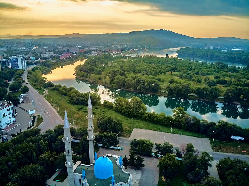 An aerial view of the Central City Mosque in Oskemen