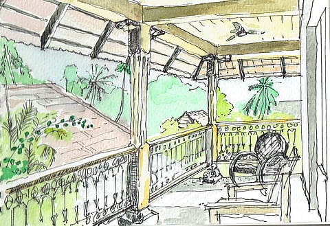 Water color sketch of balcony at Motty's by Philip Cooper!