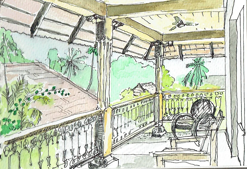 Water color sketch of balcony at Mottys by Philip Cooper!