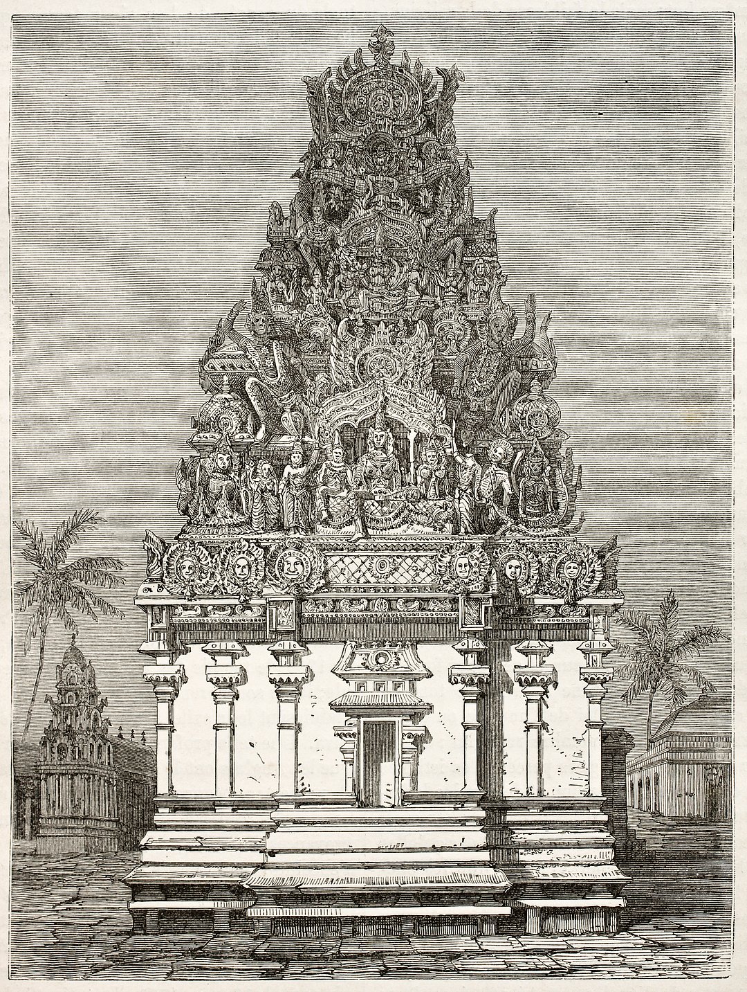 Pondicherry pagoda portico old view, India. Created by Clerget, published on Le Tour du Monde, Paris, 1867