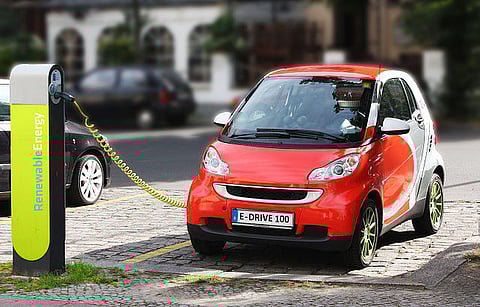 An electric car being recharged in Berlin, Germany