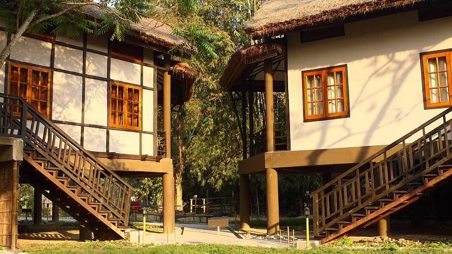 Accommodations are made in typical Assamese architecture, atop bamboo stilts