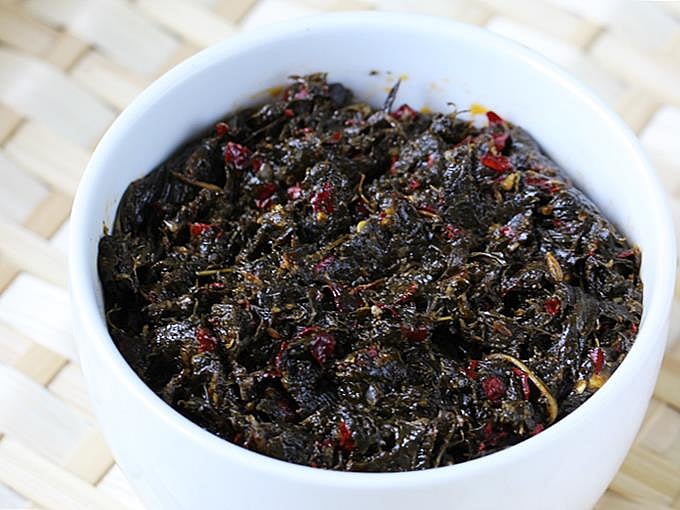 A traditional chutney made from gongura leaves, also known as sorrel leaves