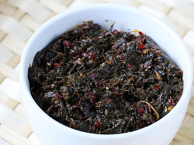 A traditional chutney made from gongura leaves, also known as sorrel leaves