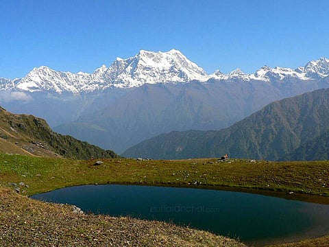 Bisurital lake with Chaukhamba peak in the background