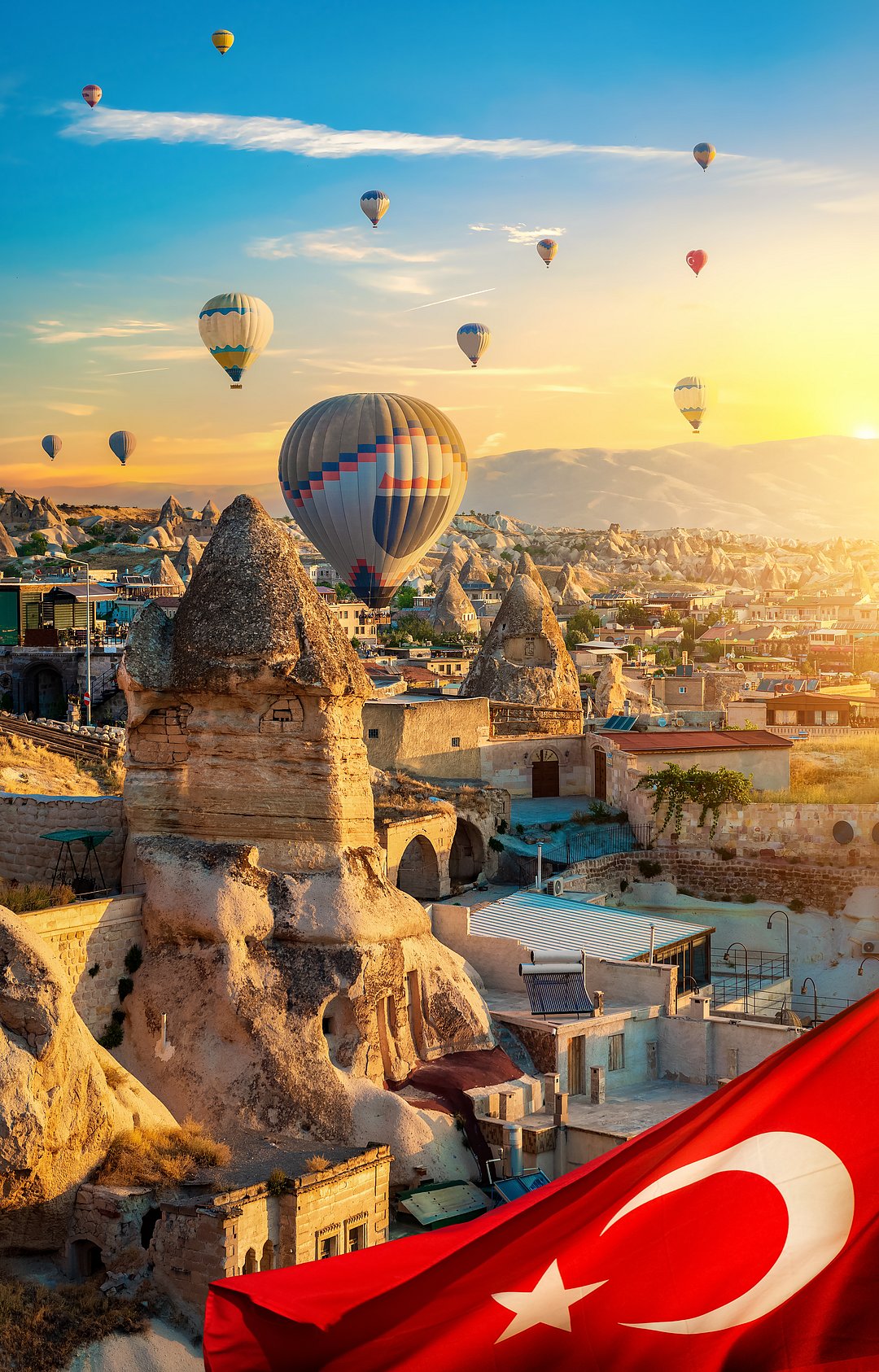 Hot air balloons at sunset in Goreme valley, Cappadocia