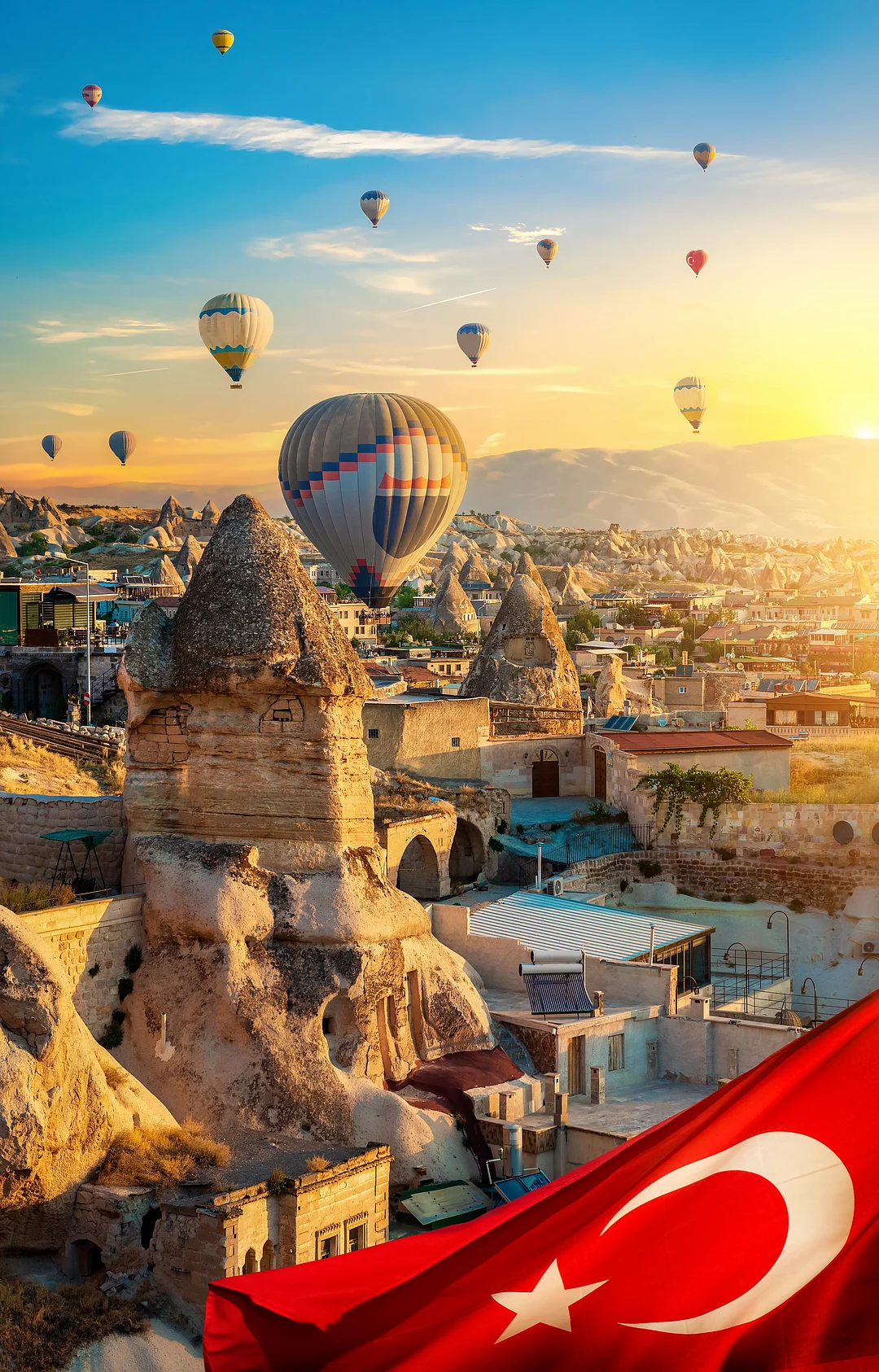 Hot air balloons at sunset in Goreme valley, Cappadocia