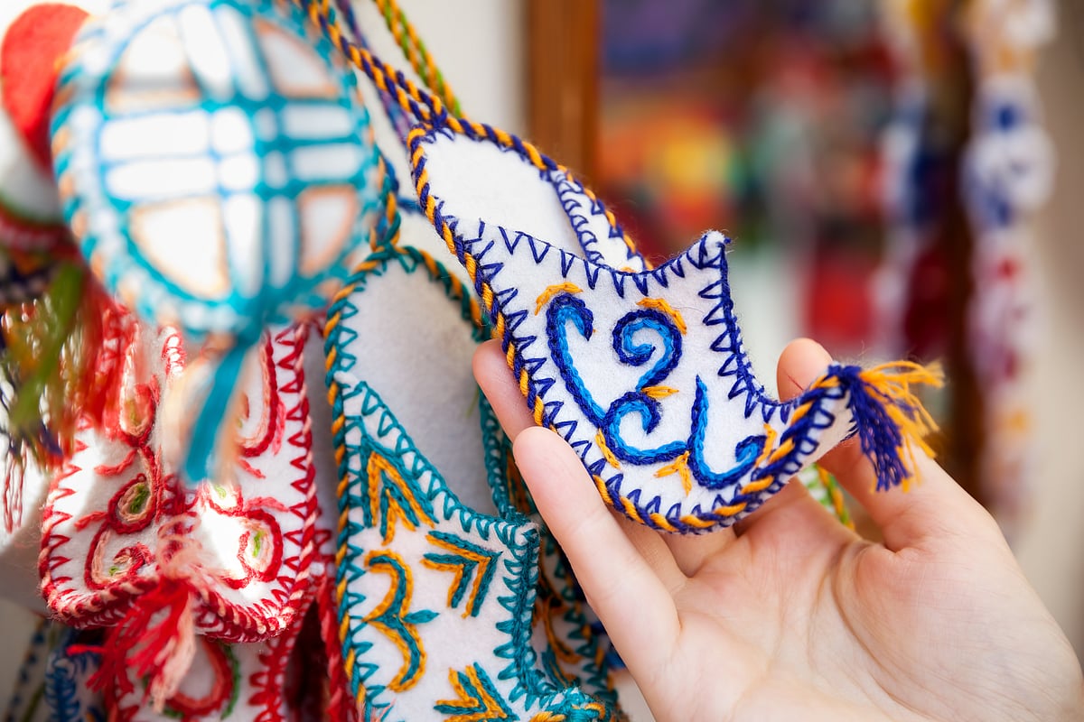 Shutterstock : Hand embroidered felt shoes with on display at a shop 