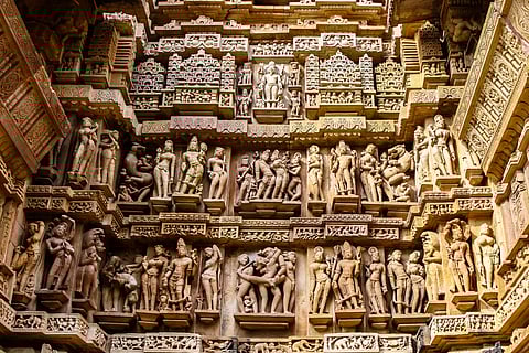 Close up of artful carved walls of Kandariya Mahadeva Temple, Khajuraho