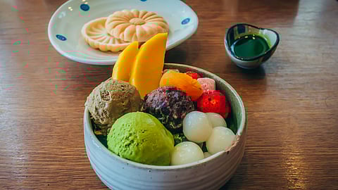  Anmitsu is usually served cold in a bowl and can be customised with different toppings