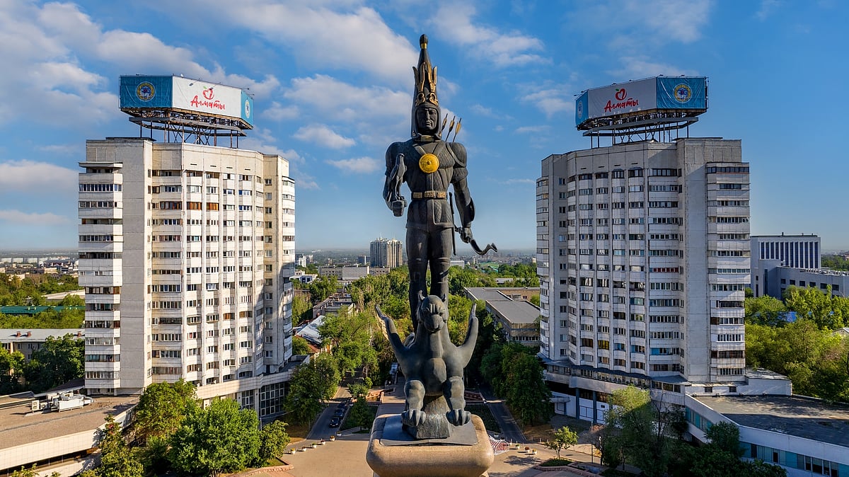 Aerial view of the bronze sculpture of the Golden Man on top of the Independence Monument