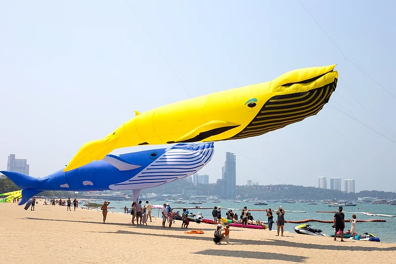 Colourful kites dazzled in the sky at Pattaya beach, Chonburi, Thailand