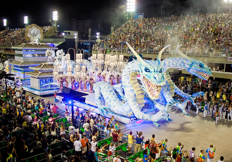 The parade features impressive giant floats representing each samba school